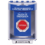 Botón Multipropósito, Color Azul, De Superficie, Con Tapa De Policarbonato, Sin Bocina, Para Interior/Exterior, Llave Para Restablecer, Texto Salida De Emergencia, Español