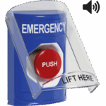 Botón Multipropósito, Color Azul, De Superficie, Con Tapa De Policarbonato, Con Bocina Pre Alarma, Para Interior, Momentaneo, Texto De Emergency, Ingles