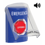 Botón Multipropósito, Color Azul, De Superficie, Con Tapa De Policarbonato, Con Bocina, Para Interior, Girar Para Restablecer, Texto De Emergencia, Español