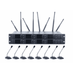 Sistema de Micrófono Inalámbrico Digital EP-598UE | Banda U 540-690 MHz | Transmisión Digital pi/4-DQPSK | 8 Micrófonos de Mesa con Gooseneck | Alcance 70 mts | Autonomía 60 Horas | Ecualizador 3 Bandas | Encriptaci&